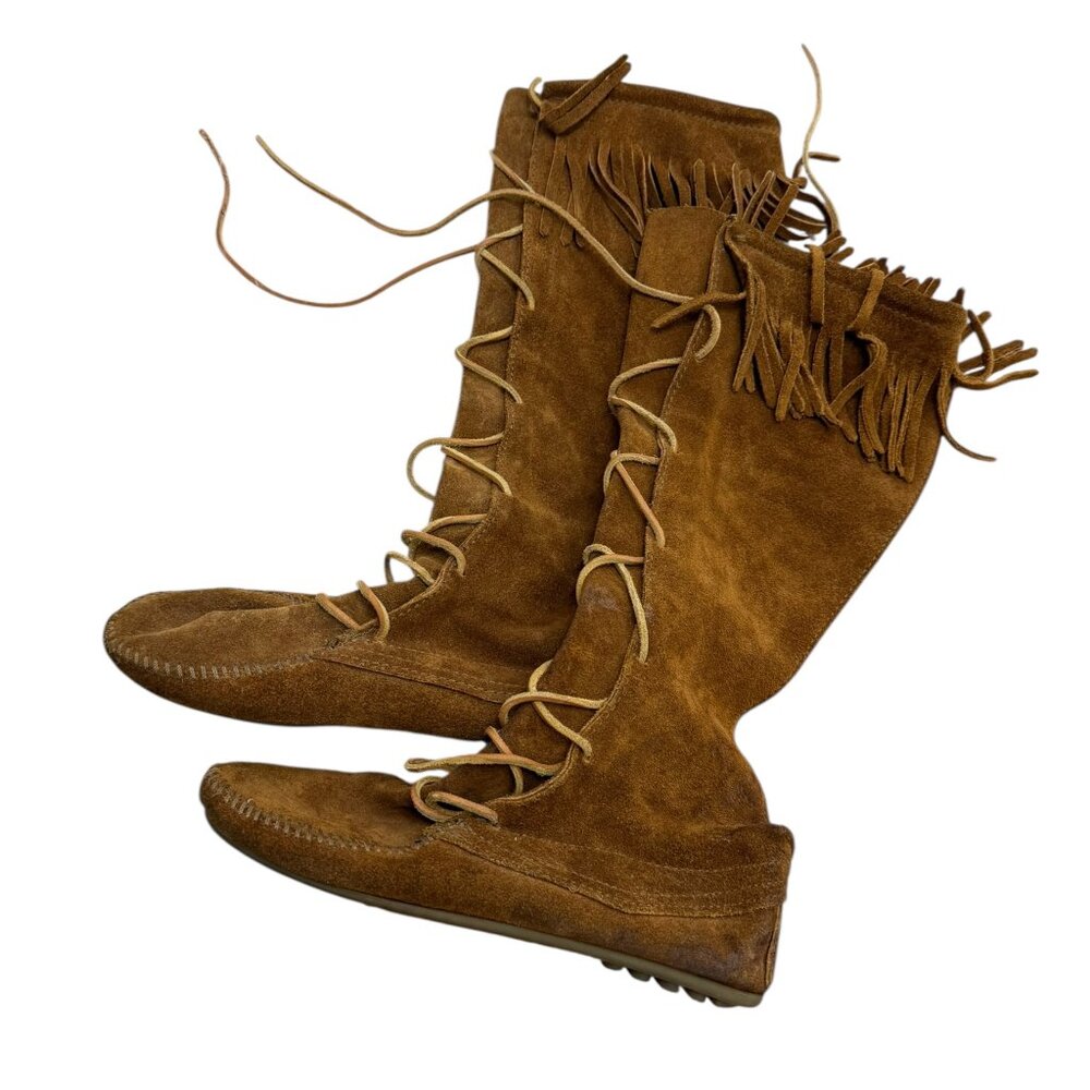 Vintage Minnetonka Tan Suede Lace Up Fringe Boots Shin High Rubber Sole 1970s